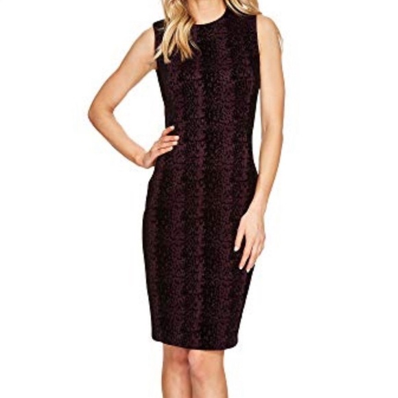 Calvin Klein Velvet Damask Flocked Sheath Dress Black Purple 8 - Picture 1 of 14